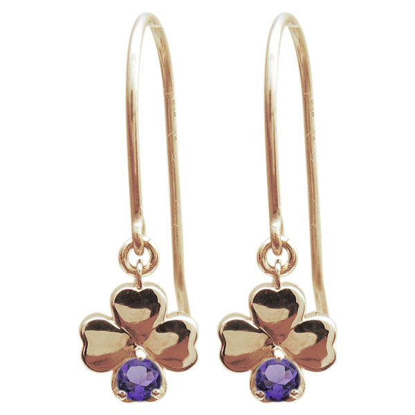 四葉のクローバー 揺れる ピアス 10k 10金 ピンクアメジスト K10 ゴールド 2月 誕生石 両耳用 レディース 女性 ：Ma704 四葉のクローバー 揺れる ピアス 10k 10金 ピンクアメジスト K10