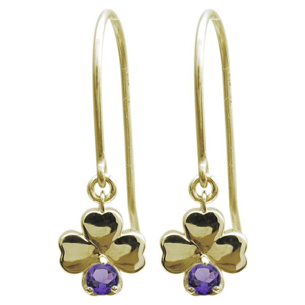 クローバーピアス 四つ葉 アメジスト ピアス フックピアス 18金 