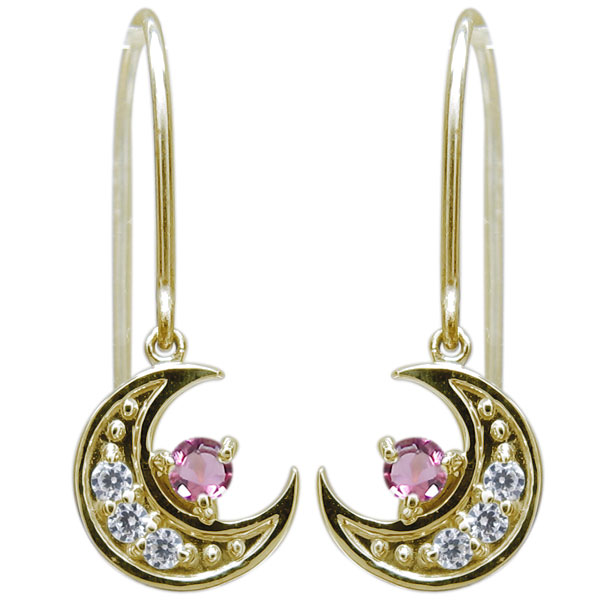 ムーンピアス 月 三日月ピアス ピンクトルマリン フックピアス K18