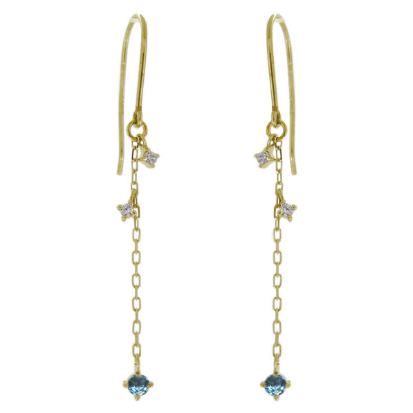 ピアス ブルートパーズ ロングピアス レディース フックピアス 10金