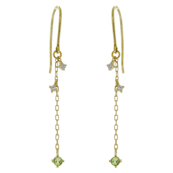ピアス ペリドット ロングピアス レディース フックピアス 10金