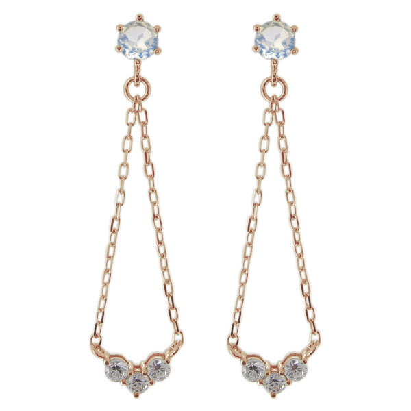 ロイヤルブルームーンストーン レディース ロングチェーンピアス 10金 トリロジーピアス