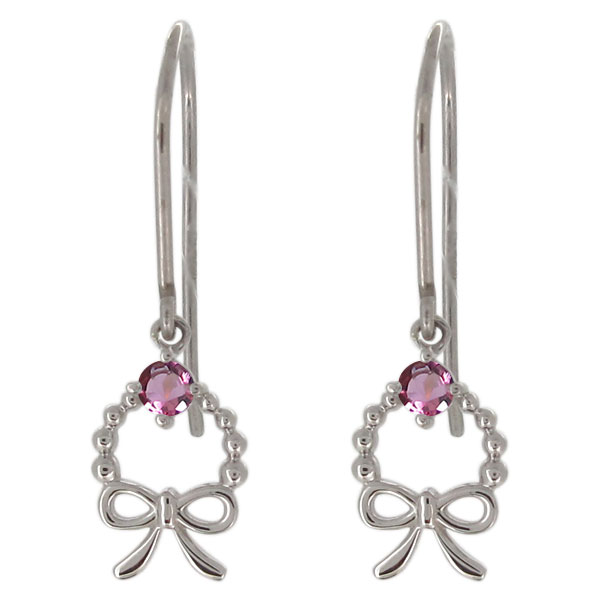 【送料無料】ピアス・リボン・レディース・ピンクトルマリン・フックピアス・揺れる・10金
