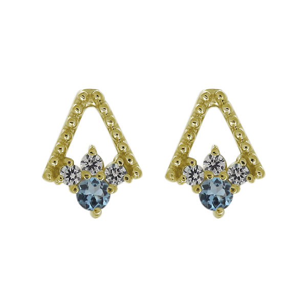 K18 18金 ピアス 天然石 アクアマリンサンタマリア レディース スタッドピアス ミル打ち