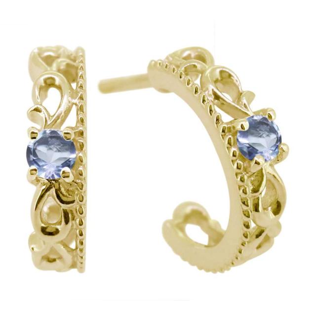 ピアス メンズ フープ 両耳 10k 10金 誕生石 3月 アクアマリンサンタマリア 唐草 フープピアス