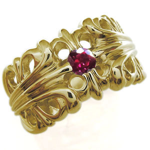 K10ゴールド・ルビー・リング・メンズリング・指輪・クロス・リング・百合の紋章・リングの通販は