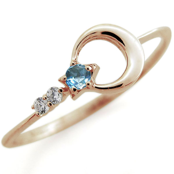 K18 リング ブルートパーズ 指輪 月モチーフ 星 ピンキーリング