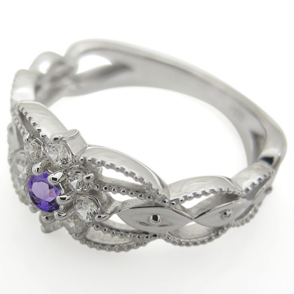 アメジストリング アンティーク調 取り巻き リング ミル打ち 指輪 K10の通販は