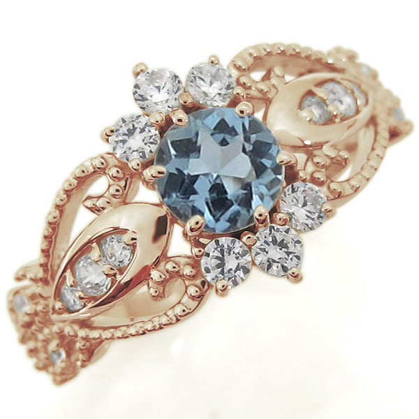 アクアマリンサンタマリアリング アンティーク調 リング ミル打ち 10金