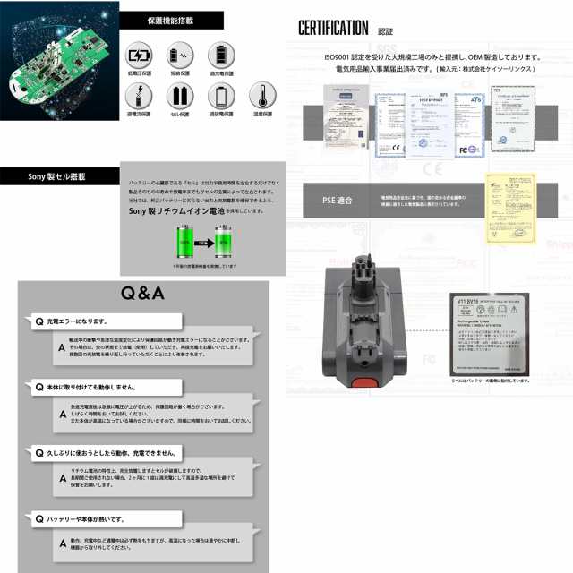 ダイソン V11 SV15 互換 バッテリー 着脱式 脱着式 壁掛けブラケット充電対応 4000mAh 4Ah SONYセル dyson