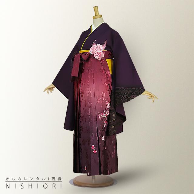 二尺袖着物 袴 レンタル 貸衣装 HL 紫×赤×ボカシ×刺繍 袴 Mサイズ 小学生 対応 ブーツ選択可