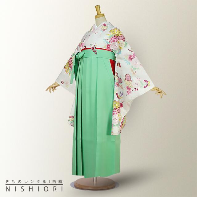 二尺袖着物 袴 レンタル 貸衣装 白×緑 袴 Mサイズ 小学生 対応 ブーツ選択可