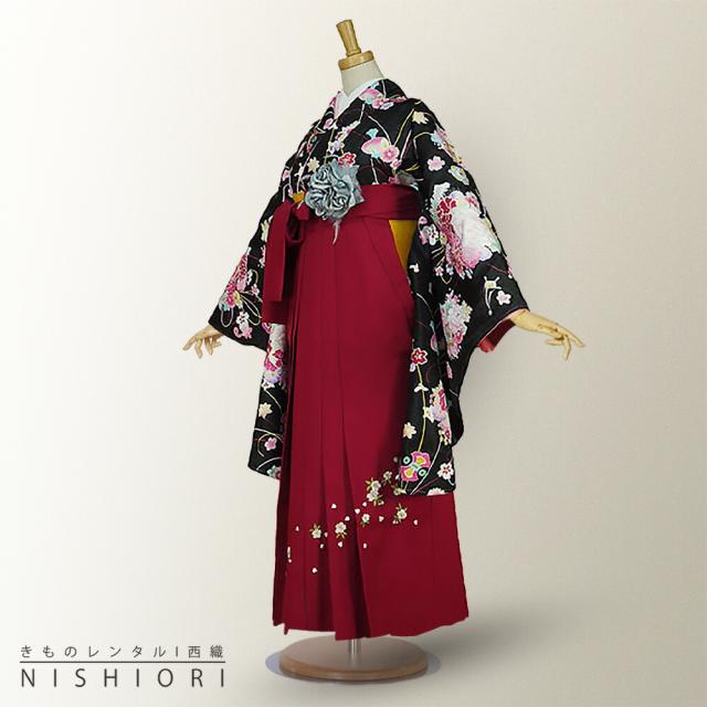 二尺袖着物 袴 レンタル 貸衣装 黒×赤×刺繍 袴 Lサイズ 小学生 対応 ブーツ選択可