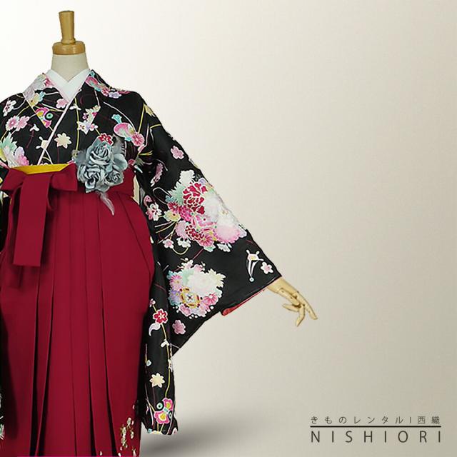 二尺袖着物 袴 レンタル 貸衣装 黒×赤×刺繍 袴 Lサイズ