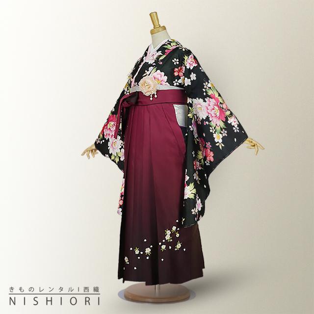 二尺袖着物 袴 レンタル 貸衣装 黒×ワイン×刺繍×袴 Lサイズ 小学生 対応 ブーツ選択可