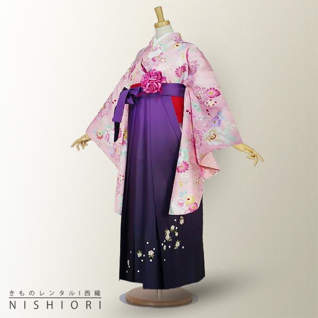 二尺袖着物 袴 レンタル 貸衣装 ピンク×紫×刺繍×袴 Mサイズ 小学生 対応 ブーツ選択可