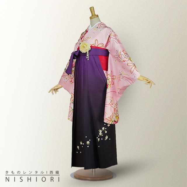 二尺袖着物 袴 レンタル 貸衣装 白×紫×刺繍×袴 Lサイズ 小学生 対応 ブーツ選択可