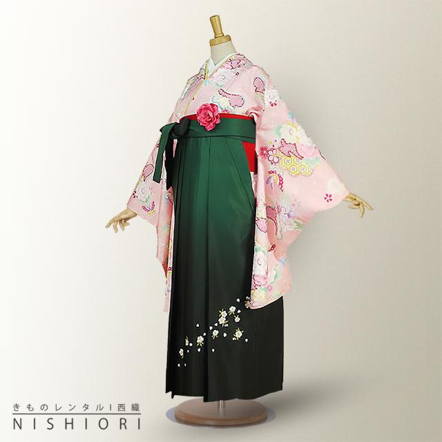 二尺袖着物 袴 レンタル 貸衣装 ピンク×緑×刺繍×袴 Mサイズ 小学生 対応 ブーツ選択可