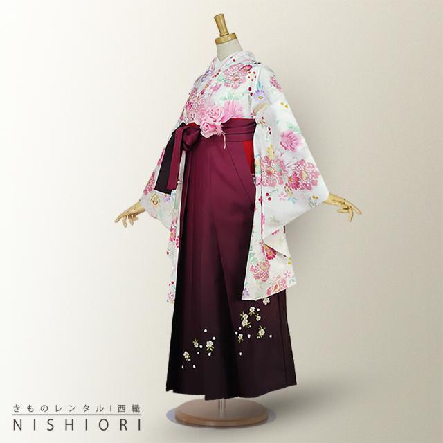 二尺袖着物 袴 レンタル 貸衣装 白×ワイン×刺繍×袴 Mサイズ 小学生 対応 ブーツ選択可