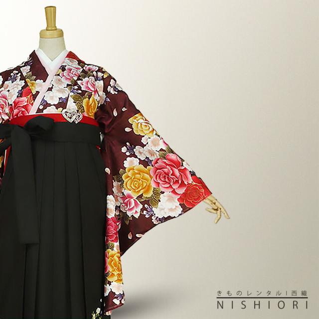 二尺袖着物 袴 レンタル 貸衣装 ブラウン×黒×刺繍 袴 Mサイズ