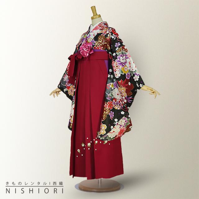 二尺袖着物 袴 レンタル 貸衣装 黒×赤×刺繍 袴 Mサイズ 小学生 対応 ブーツ選択可