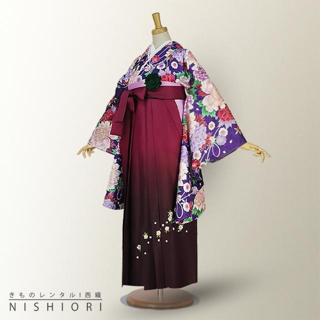 二尺袖着物 袴 レンタル 貸衣装 青×ワイン×刺繍×袴 Mサイズ 小学生 対応 ブーツ選択可