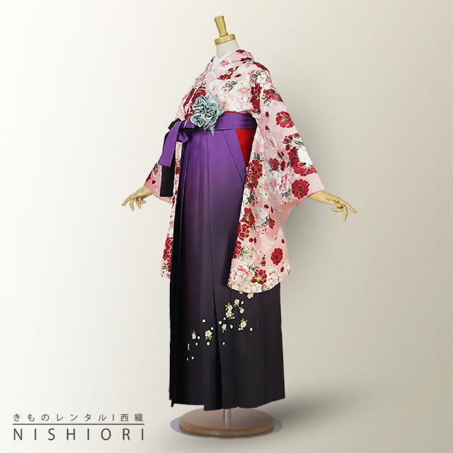 二尺袖着物 袴 レンタル 貸衣装 ピンク×紫×刺繍×袴 Mサイズ 小学生 対応 ブーツ選択可