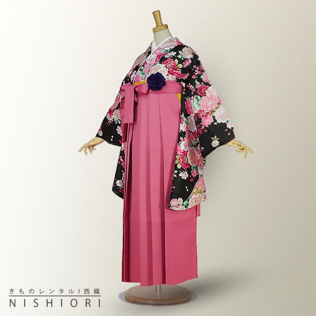 二尺袖着物 袴 レンタル 貸衣装 黒×ピンク 袴 Lサイズ 小学生 対応 ブーツ選択可