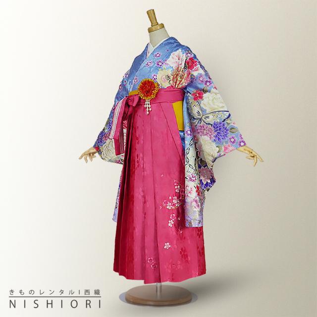 二尺袖着物 袴 レンタル 貸衣装 From Kyoto HL 青×ピンク×刺繍 袴 Mサイズ 小学生 対応 ブーツ選択可