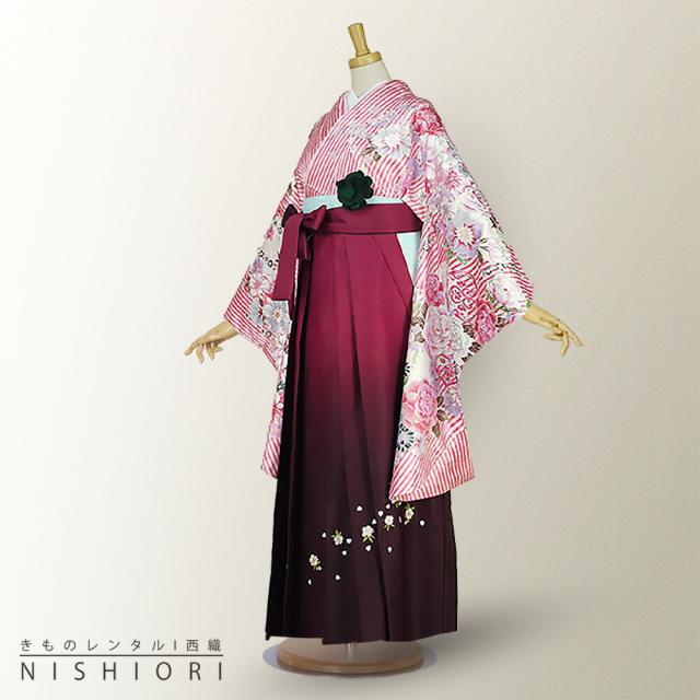二尺袖着物 袴 レンタル 貸衣装 From Kyoto ピンク×ワイン×刺繍×袴 Mサイズ 小学生 対応 ブーツ選択可