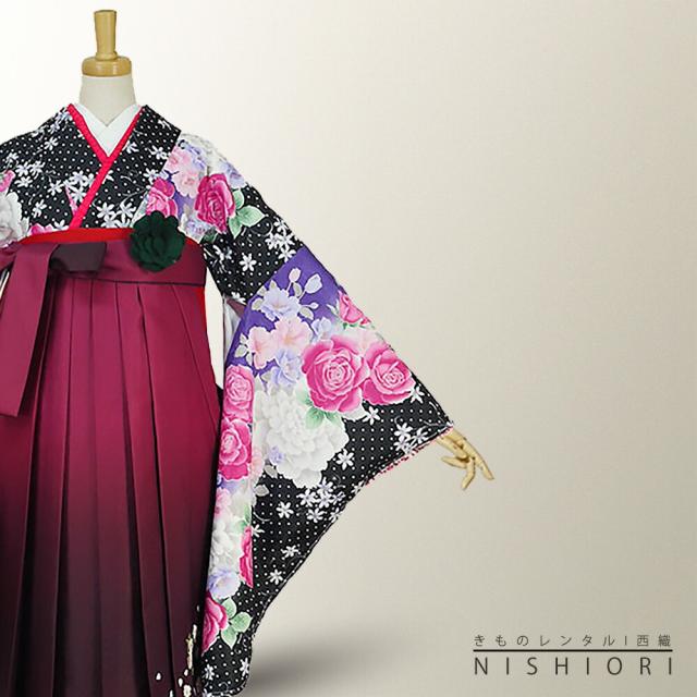 二尺袖着物 袴 レンタル 貸衣装 HL 黒×ワイン×刺繍×袴 Mサイズ 小学生