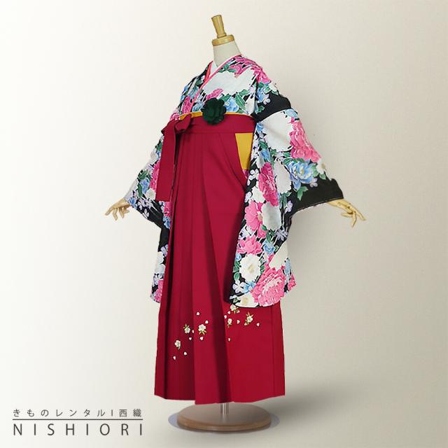 二尺袖着物 袴 レンタル 貸衣装 HL 黒×赤×刺繍 袴 Mサイズ 小学生 対応 ブーツ選択可