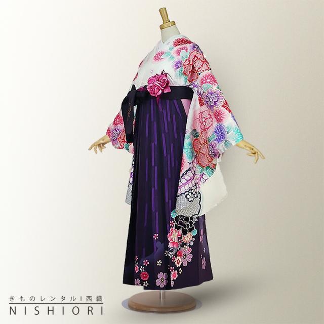 二尺袖着物 袴 レンタル 貸衣装 anan Adam&EVE 白×紫×刺繍 袴 小学生 対応 ブーツ選択可