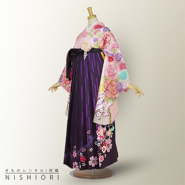 二尺袖着物 袴 レンタル 貸衣装 anan ピンク×ワイン×刺繍 袴 小学生 対応 ブーツ選択可