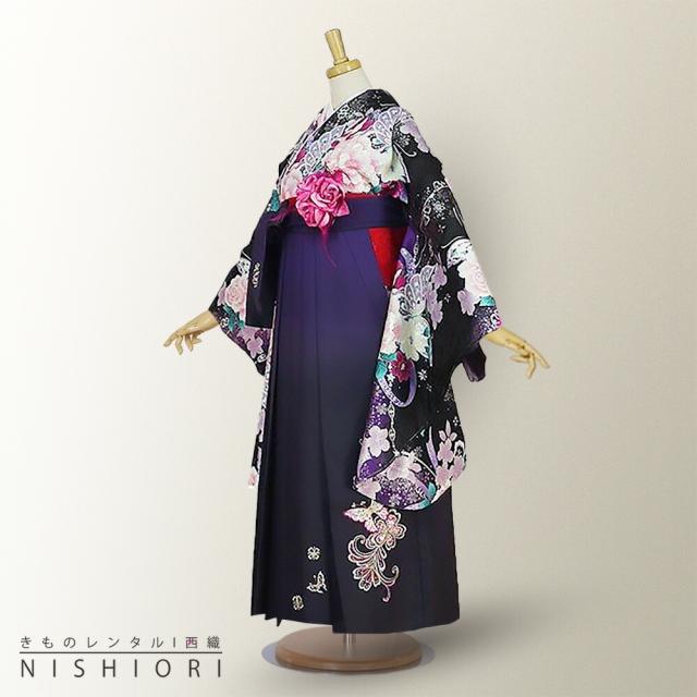 二尺袖着物 袴 レンタル 貸衣装 Adam&Eve 黒×紫×刺繍 袴 小学生 対応 ブーツ選択可