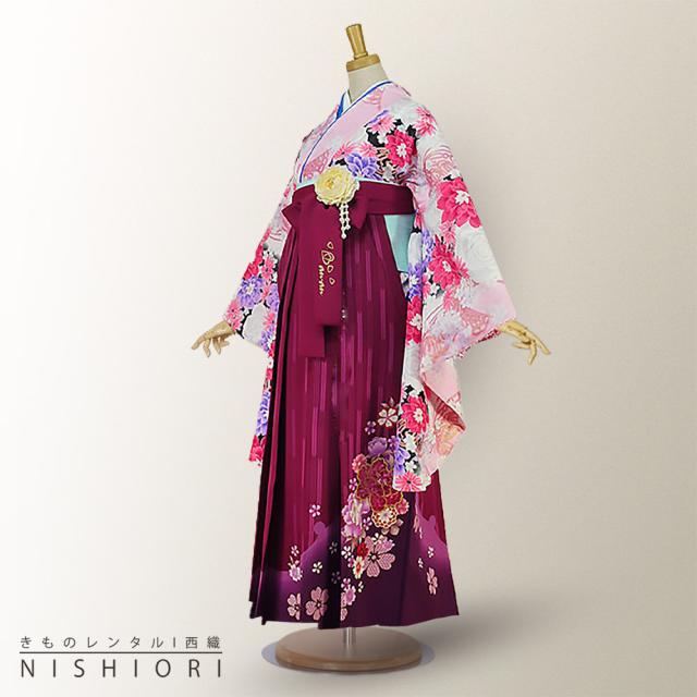 二尺袖着物 袴 レンタル 貸衣装 anan HL ピンク×ワイン×刺繍×袴 Mサイズ 小学生 対応 ブーツ選択可