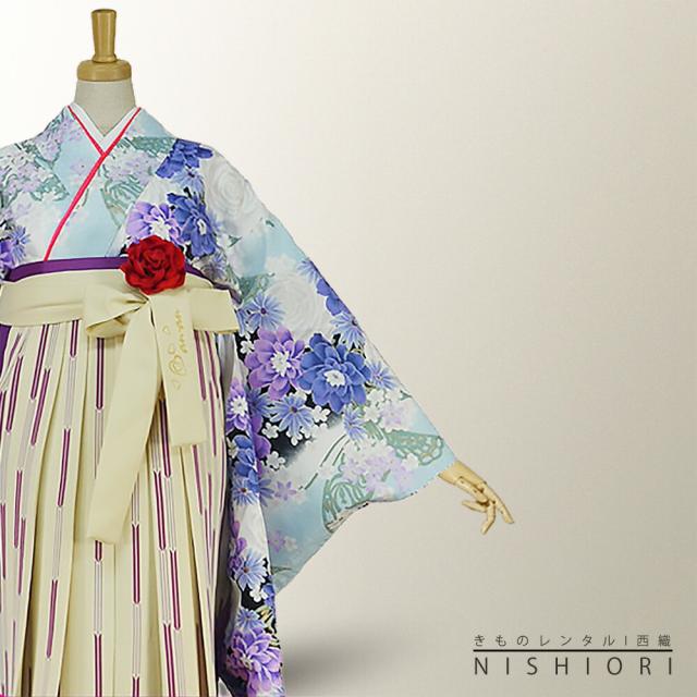 二尺袖着物 袴 レンタル 貸衣装 anan HL 水色×クリーム×刺繍×袴 M