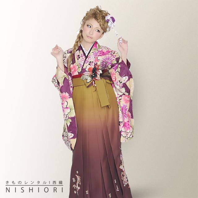 二尺袖着物 袴 レンタル 高橋真依子着用モデル 貸衣装 an an ブラウン 紫 刺繍 小学生 対応 ブーツ選択可