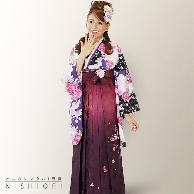 二尺袖着物 袴 レンタル 貸衣装 H L 黒 ワイン 刺繍 小学生 対応 ブーツ選択可