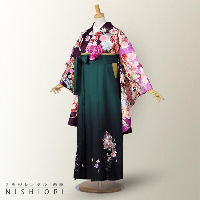 二尺袖 着物 袴 レンタル 貸衣装 From Kyoto ブランド Mサイズ 紫 パープル 緑 刺繍 小学生 対応 ブーツ選択可 卒業式 式典 女の子 女性用 袴 フルセット