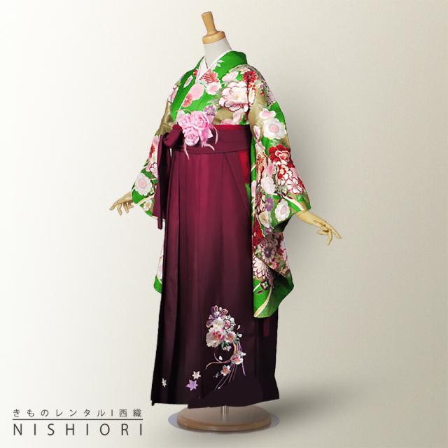二尺袖 着物 袴 レンタル 貸衣装 From Kyoto ブランド Mサイズ  【卒業式 式典 女の子 女性用 大学生 袴 フルセット】緑 紫 パープル えんじ 刺繍 小学生 対応 ブーツ選択可