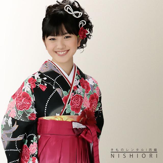 二尺袖着物 袴 レンタル 貸衣装 HL 黒×ワイン×刺繍×袴 Mサイズ 小学生 対応 ブーツ選択可 二尺袖 着物 袴 レンタル 貸衣装 HL 袴 Mサイズ 黒 ワイン 小学生 対応