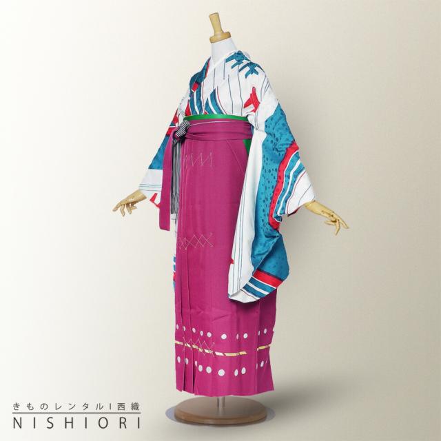 二尺袖 着物 袴 レンタル 貸衣装 modern antenna 青 白 紺 ワイン ストライプ 刺繍 袴 M サイズ 小学生 対応 ブーツ選択可