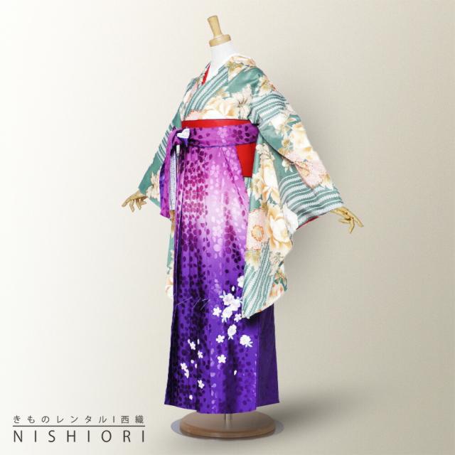 二尺袖 着物 袴 レンタル 貸衣装 Club HL×HL 鹿の子 緑 紫 刺繍 袴 S M サイズ 小学生 対応 ブーツ選択可