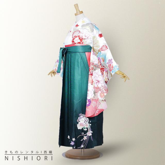 二尺袖 着物 袴 レンタル 貸衣装 From Kyoto 白 松 緑 刺繍 袴 S M サイズ 小学生 対応 ブーツ選択可