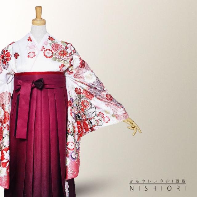 二尺袖 着物 袴 レンタル 貸衣装 From Kyoto 白 ワイン 刺繍 袴 S M