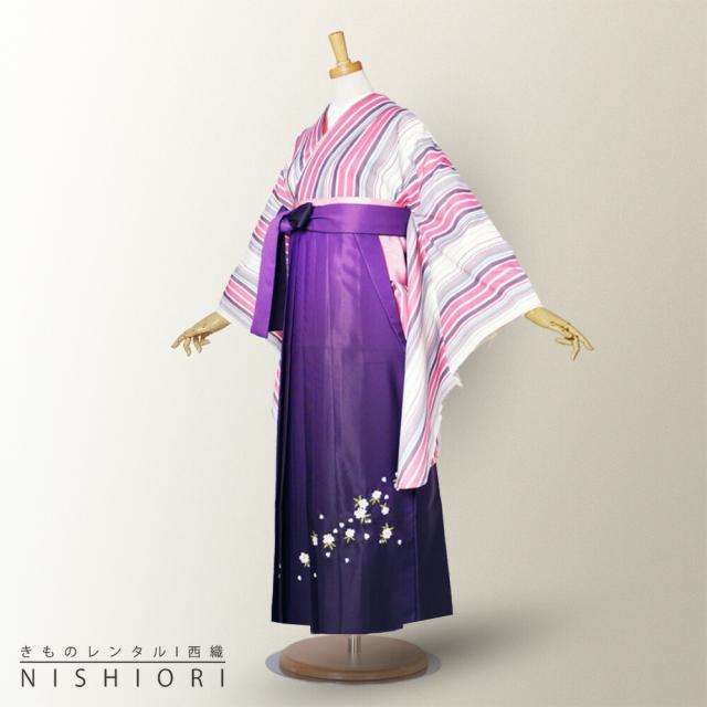 二尺袖 着物 袴 レンタル 貸衣装 縞 ピンク 青 紫 袴 S Mサイズ 小学生 対応 ブーツ選択可