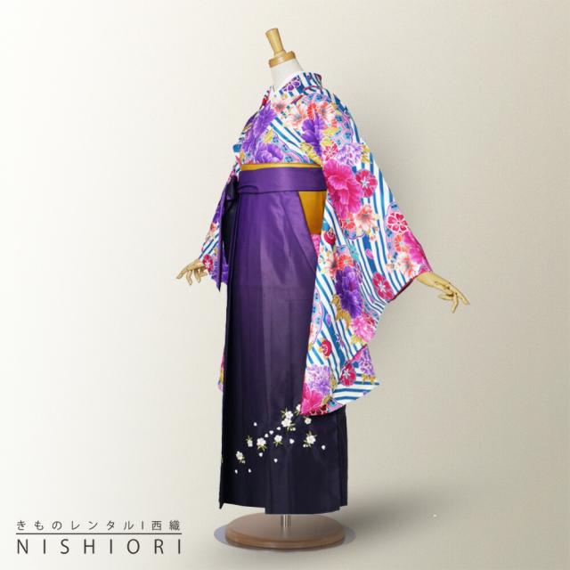 二尺袖 着物 袴 レンタル 貸衣装 青 ピンク ストライプ 袴 S Mサイズ 小学生 対応 ブーツ選択可