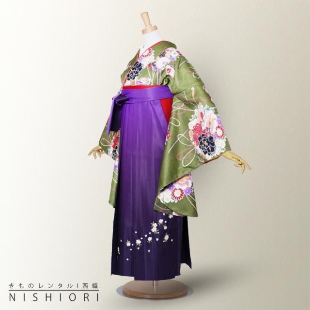 二尺袖 着物 袴 レンタル 貸衣装 袴 S Mサイズ 小学生 対応 緑 菊 桜 牡丹 花束 紫 ブーツ選択可