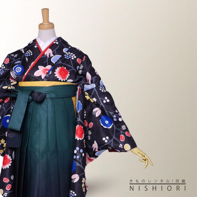 二尺袖 着物 袴 レンタル 貸衣装 袴 S Mサイズ 小学生 対応 黒 緑 刺繍